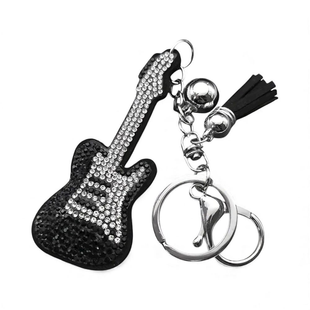 Bag Charm Bling Guitar Rhinestone Bag Charm Black Silver Bag Charm Keychain
